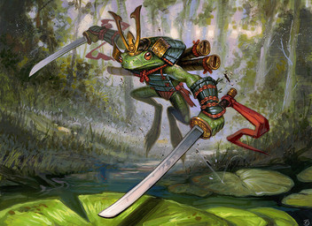 anthro armor flower forest grass green_body headgear helmet holding_katana holding_melee_weapon holding_object holding_sword holding_weapon jumping katana lotus_(flower) male melee_weapon plant river samurai solo sword tree warrior water weapon chris_seaman hasbro magic:_the_gathering wizards_of_the_coast amphibian frog 2021 official_art