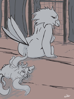 anthro bathroom breasts duo exhibitionism female genitals male public public_restroom pussy_teasing solo teasing tentacles vulva ails avian monster 3:4 absurd_res hi_res