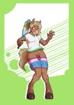 abstract_background anthro balls blonde_hair blue_eyes blush bottomwear clothing embarrassed erection foreskin fur genitals hair hooves male markings micropenis penis shorts small_penis solo spots spotted_body spotted_fur tennis_racket tied_hair rotten_owl august_(arino) equid equine horse mammal absurd_res digital_media_(artwork) hi_res