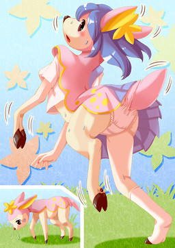 anthro anthro_to_feral asymmetrical_transformation blue_hair bodily_fluids bottomwear breasts clothed clothing crying demi_transformation dewclaw_hooves female feral fused_clothing growth hair hoof_hands hooves human_to_feral light_body mid_transformation panties pink_body pink_clothing pink_underwear raised_bottomwear raised_clothing raised_skirt skirt snout solo species_transformation sweat tail tail_growth tears torn_clothing torn_underwear transformation transformation_sequence transformed_clothing two_frame_sequence underwear edmol nintendo pokemon deer deerling generation_5_pokemon human mammal pokemon_(species) spring_deerling 2010