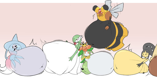 belly big_belly black_body black_hair black_sclera blue_hair brown_body clothing digestion dress eyebrows female fur gradient_hair group hair hat headgear headwear insect_wings long_ears long_hair multicolored_body navel orange_eyes overweight overweight_female pink_hair plant plant_hair pseudo_hair rabbit_ears red_eyes smile struggling struggling_prey vore white_body wings witch_hat yellow_body yellow_fur green_glutton nintendo pokemon arthropod bee elemental_creature elemental_humanoid flora_fauna gardevoir generation_3_pokemon generation_4_pokemon generation_5_pokemon generation_8_pokemon hatterene humanoid hymenopteran insect lagomorph leporid lilligant lopunny mammal mawile plant_humanoid pokemon_(species) rabbit vespiquen hi_res