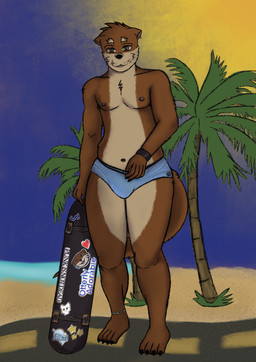 ankle_band anthro barefoot beach brown_body brown_eyes brown_fur clothing ear_piercing eyebrows facial_markings feet fur head_markings heart_symbol male markings muzzle_(marking) navel nipple_piercing nipples otter_tail palm_tree piercing plant road sand skateboard slightly_chubby solo sticker swimming_trunks swimwear tail tan_body tan_fur tree vehicle cashpup mammal mustelid otter absurd_res hi_res