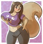 anthro big_breasts blush breasts brown_body brown_fur brown_hair buckteeth female fur hair hand_on_breast hand_on_hip holding_breast huge_breasts implied_transformation long_hair midriff solo teeth 2b-labs malkai_(malkaiwot) mammal rodent sciurid tree_squirrel hi_res