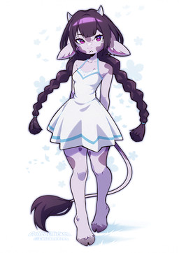 anthro biped breasts clothed clothed_anthro clothed_female clothing female front_view fur hair hooves horn looking_at_viewer simple_background small_breasts solo spots standing tail teeth coffeechicken small_moo bovid bovine cattle mammal 2026 digital_drawing_(artwork) digital_media_(artwork) hi_res