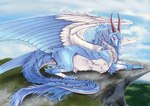 belly blue_body feathered_wings feathers female female_pred feral feral_pred fur hair horn looking_down looking_pleasured multicolored_body outside pink_eyes smile solo tail wings coltrez mythology dragon mythological_creature mythological_scalie scalie digital_media_(artwork) hi_res