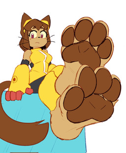 4_toes anthro breasts brown_hair brown_pawpads crossed_legs feet female foot_focus fur hair looking_down low-angle_view pawpads paws pink_eyes sitting soles solo tail tan_body tan_fur toes whiskers burtreex gameoverse glitch_productions kit_bodega felid feline mammal hi_res