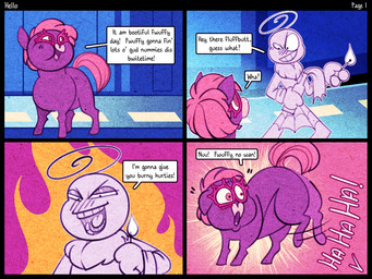 alcohol_bottle ambiguous_feral ambiguous_gender ambiguous_humanoid beverage_bottle bottle clothed clothed_humanoid clothing container evil_grin feral fire greeting hair holding_bottle holding_container holding_object noise_filter open_mouth outside pink_hair pink_tail purple_body red_eyes road smile standing surprised tail teeth text threatening young young_ambiguous young_feral spacefluff fluffy_pony fluffy_pony_(species) humanoid mammal 2022 4:3 comic digital_media_(artwork) english_text hi_res
