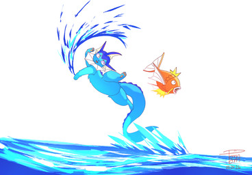 ambiguous_gender blue_body dorsal_fin duo eyebrows fangs feral fin head_fin jumping membrane_(anatomy) multicolored_body open_mouth orange_body pawpads sea slashing tail tail_fin teeth two_tone_body water water_splashes whiskers white_eyes white_membrane white_sclera yellow_body pom_pom(artist) nintendo pokemon eeveelution generation_1_pokemon magikarp pokemon_(species) vaporeon 2026 absurd_res dated hi_res signature
