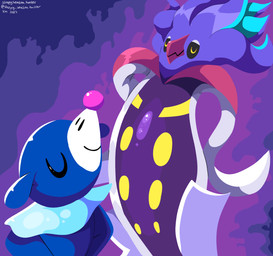 abstract_background ambiguous_gender beak blue_body duo eyes_closed feral markings purple_body tentacles whisker_markings sleepy_sealion nintendo pokemon generation_6_pokemon generation_7_pokemon malamar pokemon_(species) popplio 2025 absurd_res dated hi_res signature