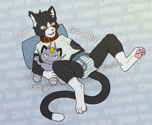 anthro black_body black_fur clothing collar diaper dipstick_tail encouragement eyewear fur glasses gloves_(marking) head_tuft leg_markings lying male markings notched_ear on_back open_mouth pillow plushie pull-ups_(diaper) rumbling_stomach shirt socks_(marking) solo t-shirt tail tail_markings text topwear tuft yellow_eyes tyggles_(artist) nintendo pokemon kit_(kittaclysm) alolan_form alolan_meowth domestic_cat felid feline felis generation_7_pokemon mammal pokemon_(species) regional_form_(pokemon) tuxedo_cat 2024 english_text hi_res