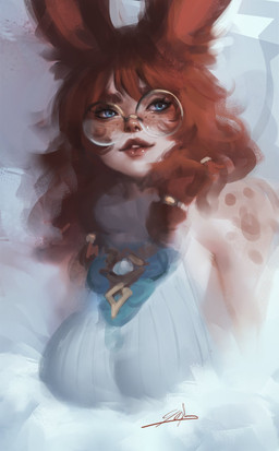 animal_ears bangs big_glasses blue_eyes braided_hair breasts clothed clothed_female clothed_humanoid clothing eyebrows eyelashes eyewear female female_humanoid freckled_face freckled_shoulders freckles front_view fur glasses glistening glistening_lips hair humanoid_face inner_ear_fluff jewelry lips long_ears looking_aside necklace orange_ears orange_hair paint pale_skin parted_lips rabbit_ears red_lips round_glasses simple_background sleeveless_clothing smile solo sweater teeth thick_eyebrows tight_clothing tight_topwear topwear tuft turtleneck wearing_glasses white_background white_clothing white_sweater white_topwear sophyucha league_of_legends riot_games tencent aurora_(lol) animal_humanoid humanoid lagomorph lagomorph_humanoid leporid leporid_humanoid mammal mammal_humanoid rabbit_humanoid vastaya bust_portrait hi_res portrait signature