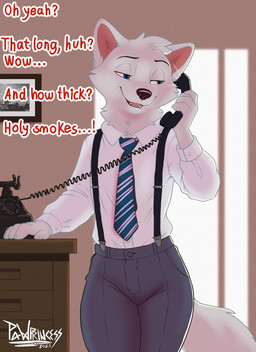 anthro black_clothing black_nose black_suspenders bottomwear clothed clothing dialogue electronics fur grey_bottomwear grey_clothing happy holding_object male open_mouth open_smile phone smile solo standing suspenders tail text topwear white_arms white_body white_clothing white_ears white_fur white_tail white_topwear pawprincess ozzy_(pawprincess) arctic_fox canid canine canis fox mammal true_fox wolf english_text hi_res