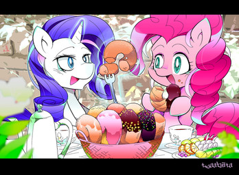 blue_eyes dessert doughnut duo female food horn open_mouth pastry pink_body white_body tyuubatu friendship_is_magic hasbro my_little_pony mythology pinkie_pie_(mlp) rarity_(mlp) equid equine horse mammal mythological_creature mythological_equine pony unicorn hi_res