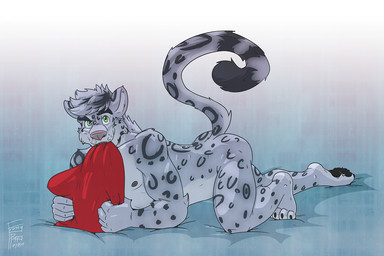4_toes 5_fingers areola bed bed_sheet bedding claws digitigrade eyebrows feet fingers fur furniture hair humanoid_hands looking_at_viewer lying male markings nipples nude on_bed on_front pawpads pillow raised_tail simple_background solo spots spotted_body spotted_fur suggestive_pose tail toe_claws toes frostypuppy mars_(thequeenofmars) felid mammal pantherine snow_leopard 2015 digital_media_(artwork) signature