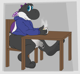 anthro balls big_balls big_butt big_feet big_penis black_body blue_clothing blue_eyes blue_hoodie blue_topwear bottomless butt chair closed_smile clothed clothing container cup feet foreskin furniture genitals gradient_penis grey_penis holding_container holding_cup holding_mug holding_object hoodie looking_at_viewer male male_anthro mouth_closed mug multicolored_penis non-mammal_balls penis simple_background sitting smile solo steam table topwear two_tone_penis white_body white_penis wide_hips rokie38 mario_bros nintendo julian_kurner_(verne_nicolaio) black_yoshi yoshi absurd_res hi_res