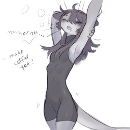 6_breasts anthro black_clothing bodily_fluids bottomwear breasts circle_eyebrows clothing dark_hair dialogue drooling eyebrows female fur grey_body grey_fur hair long_hair messy_hair multi_breast narrowed_eyes open_mouth purple_eyes purple_mouth saliva shorts skinsuit solo stretching sweater tail text tight_clothing tired topwear turtleneck whiskers yawn tateoftot lulinya_(tateoftot) alien felid mammal hi_res sketch