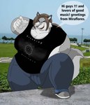 anthro big_breasts bottomwear breaking_benjamin_logo breasts brown_hair clothing denim denim_bottomwear denim_clothing female footwear fur grey_body grey_fur hair huge_breasts jeans multicolored_body multicolored_fur obese obese_anthro obese_female open_mouth overweight overweight_anthro overweight_female pants shirt shoes solo speech_bubble text text_on_clothing text_on_shirt text_on_topwear topwear two_tone_body two_tone_fur white_body white_fur xxsparcoxx breaking_benjamin sophia_(xxsparcoxx) canid canine canis mammal wolf 2014 digital_media_(artwork) english_text hi_res