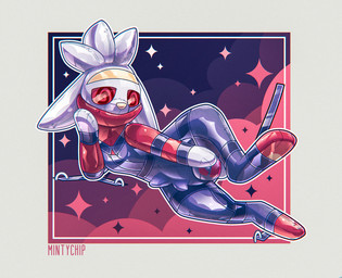 abstract_background anthro bdsm big_ears bondage bound chastity_bulge chastity_device featureless_feet feet glistening glistening_body latex latex_body lock_bulge lock_symbol lying male multicolored_body null_bulge on_side paws red_body red_eyes red_scarf scarf small_tail solo sparkles spiral_pupils tail tuft yellow_nose mintychipart nintendo pokemon rubbermon generation_8_pokemon lagomorph latex_creature leporid mammal pokemon_(species) rabbit raboot 2025 digital_drawing_(artwork) digital_media_(artwork) full-length_portrait hi_res krita_(artwork) portrait shaded