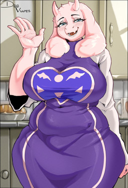 age_difference anthro belly big_breasts blue_eyes breasts clothed clothed_anthro clothed_female clothing curvy_figure detailed_background eyelashes female female_anthro fupa fur gesture hand_gesture horn long_ears looking_at_viewer mature_anthro mature_female navel_outline older_female open_mouth slightly_chubby slightly_chubby_anthro slightly_chubby_female smile smiling_at_viewer solo thick_thighs voluptuous white_body white_fur wide_hips deusvulpes undertale undertale_(series) toriel boss_monster_(undertale) bovid caprine goat mammal absurd_res colored digital_drawing_(artwork) digital_media_(artwork) hi_res