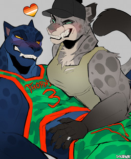 anthro basketball_uniform biceps blush bottomwear clothed clothing duo eye_contact fangs female female/female fur grey_body grey_fur half-closed_eyes hat headgear headwear lesbian_pride_colors lgbt_pride looking_at_another lying markings melanistic muscular muscular_anthro muscular_female narrowed_eyes on_back orange_lesbian_pride_colors pride_colors romantic romantic_ambiance shirt shorts simple_background smile sportswear spots spotted_body tail tank_top teeth teeth_showing text text_on_clothing topwear uniform dogeist dreamworks goat_(movie) sony_corporation sony_pictures the_bad_guys jett_fillmore kitty_kat_(the_bad_guys) felid leopard mammal pantherine snow_leopard absurd_res digital_media_(artwork) hi_res