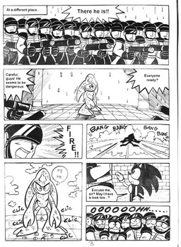 anthro clothing dialogue gunshot male military military_uniform ranged_weapon rocket_launcher soldier speech_bubble text uniform warrior water weapon ayamepso sega sonic_adventure sonic_the_hedgehog_(series) chaos_(sonic) sonic_the_hedgehog elemental_creature eulipotyphlan hedgehog human mammal water_creature black_and_white comic english_text monochrome translated