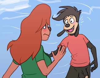 anthro balls biped black_body black_eyes black_fur black_hair black_nose blue_sky blush breasts brown_eyes brown_nose clothed clothing cloud day duo female fur genitals green_clothing green_shirt green_t-shirt green_topwear greeting hair humanoid_genitalia humanoid_hands humanoid_penis long_hair looking_at_another male male/female motion_lines open_mouth outside pantsless penis red_clothing red_hair red_shirt red_t-shirt red_topwear shirt sky smile standing surprised t-shirt tailless tan_body tan_fur teeth tongue toony topwear white_face white_sclera animatics disney goof_troop max_goof roxanne_rover canid canine canis domestic_dog mammal 2025 colored digital_drawing_(artwork) digital_media_(artwork)