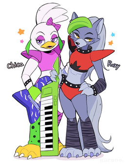 3_toes 4_fingers accessory anthro beak beakstick biped bow_(feature) bow_accessory bow_ribbon claws clothing duo ear_piercing electric_guitar eyelashes feet female fingers front_view furgonomics grey_body grey_tail guitar hair hair_accessory hair_bow hair_ribbon holding_musical_instrument holding_object keyboard_instrument keytar leg_warmers legwear lipstick looking_at_viewer machine makeup musical_instrument piercing plucked_string_instrument ribbons simple_background standing star string_instrument tail text toe_claws toes white_background white_body kiirono five_nights_at_freddy's five_nights_at_freddy's:_security_breach scottgames steel_wool_studios glamrock_chica roxanne_wolf animatronic avian bird canid canine canis chicken galliform mammal phasianid robot wolf 2022 artist_name full-length_portrait portrait