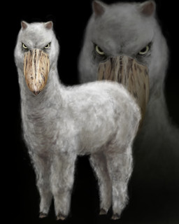 ambiguous_feral ambiguous_gender beak black_background blowup_background cloven_hooves feral fur glare hooves looking_at_viewer quadruped simple_background solo stare what_has_science_done white_body white_fur misope alpaca avian bird camelid hybrid mammal pelecaniform shoebill 2009 4:5