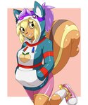 anthro blonde_hair buckteeth clothing female footwear hair hoodie looking_aside shoes simple_background smile socks solo tan_body teeth topwear yellow_eyes dlrowdog mammal rodent sciurid tree_squirrel 2020 5:6 hi_res