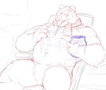 anthro belly food honey_(food) humanoid_hands male mature_male navel overweight overweight_male scarf sitting solo riseson dreamworks puss_in_boots_(franchise) papa_bear_(puss_in_boots) bear mammal 2023 sketch