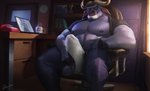 2020 anthro balls bottomwear bovid bovine cape_buffalo chair chief_bogo clothing computer container cup desk detailed_background disney drawller electronics erection furniture genitals hi_res horn laptop male mammal mature_anthro mature_male nipples pants penis sitting solo steam table undertale undertale_(series) underwear zootopia