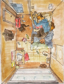 anthro bed bedding black_clothing black_topwear blue_clothing blue_hoodie blue_topwear bodily_fluids bottle bottomwear brown_body brown_fur clothed clothing container drooling duo eyes_closed fur furniture hoodie inside lying male note on_bed on_front on_side open_mouth orange_body orange_fur pants pencil_(object) pillow poster red_bottomwear red_clothing red_pants saliva sleeping topwear unsigned white_body white_fur window akatan_art canid canine fox mammal traditional_media_(artwork)