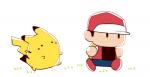 clothing duo grass hat headgear headwear male plant simple_background walking white_background den255 nintendo pokemon pokemon_trainer red's_pikachu red_(pokemon) generation_1_pokemon human mammal pikachu pokemon_(species)