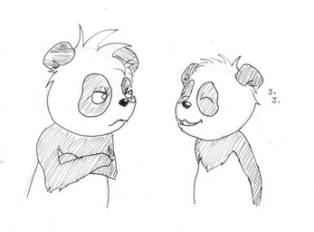 anthro duo grin grumpy hands_behind_back head_tuft male male_anthro nude simple_background smile tuft young young_anthro young_male pandapaco nemorio parinton bear giant_panda mammal monochrome sketch
