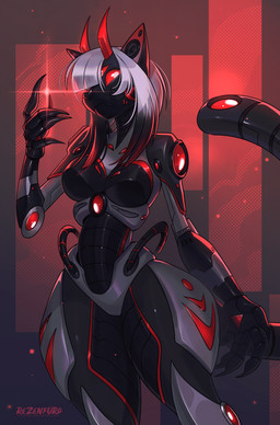 anthro biped breasts claws female fingers front_view hair horn looking_at_viewer machine nude nude_anthro nude_female simple_background solo standing tail tlt_echelon domestic_cat felid feline felis mammal robot 2026 digital_drawing_(artwork) digital_media_(artwork) hi_res