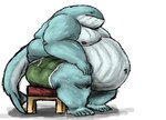 anthro back_rolls belly big_belly blue_body bottomwear clothing fat_rolls furniture hand_on_leg male moobs navel nipples obese obese_anthro obese_male overweight overweight_anthro overweight_male shorts simple_background sitting solo stool tail thick_thighs comerboy75 niall_ocinneide_(comerboy75) cetacean mammal marine whale hi_res