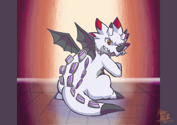 chain horn looking_at_viewer looking_back machine male osteoderms smile smiling_at_viewer solo tail wings himo_peter0409 bandai_namco digimon toho digimon_(species) gammamon reptile scalie hi_res