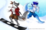 anthro blue_husky duo feathers male outside running snow snowboard snowboarding tail silberry wachhund_(character) wulfer canid canine canis domestic_dog husky mammal nordic_sled_dog spitz wolf 3:2