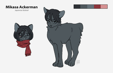 ambiguous_gender black_body black_fur black_hair bob_cut feral feral_with_hair feralized fur grey_eyes hair heart_nose heart_symbol red_scarf scarf simple_background solo text white_background silveyytm attack_on_titan mikasa_ackerman bobtail_cat domestic_cat felid feline felis japanese_bobtail mammal 2019 english_text
