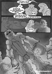alligator alligatorid anthro balls bear big_penis comic crocodilian dialogue english_text genitals group hi_res male male/male mammal monochrome muscular muscular_male penis profanity reptile ryusuke573 sasquatch scalie shocked size_difference text thick_thighs