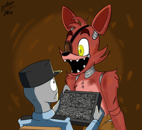 anthro black_cap black_clothing black_hat black_headwear brown_background clothing duo eye_patch eyewear fingers hat headgear headwear hook hook_hand imminent_death machine male open_mouth open_smile scared security security_guard shirtless_anthro shirtless_male simple_background smile static tablet_computer uniform yellow_eyes ghostspectre42 five_nights_at_freddy's scottgames foxy_(fnaf) animatronic canid canine fox human mammal robot 2024 digital_media_(artwork) hi_res