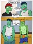 3:4 alligator alligatorid anthro austin_abel bottomwear bottomwear_down brody_abel brother_(lore) brothers_(lore) bulge clothed clothing comic crocodilian dialogue diego_abel english_text fuze hi_res jockstrap male navel nipples number pants pants_down partially_clothed reptile scalie shirt shorts sibling_(lore) smile smirk speech_bubble t-shirt tank_top texnatsu text topless topwear underwear undressing