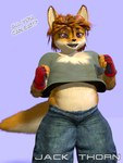 anthro bottomwear chest_tuft clothed clothing clothing_lift denim denim_bottomwear denim_clothing denim_shorts eyewear fingerless_gloves glasses gloves hair handwear male overweight shirt shirt_lift shorts simple_background smile solo tail text topwear tuft young young_anthro young_male jackthorn jackal_pawpad canid canine canis jackal mammal 2014 3:4 3d_(artwork) digital_media_(artwork) signature