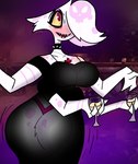 alcohol beverage big_breasts big_butt breasts butt clothed clothing drunk female fur simple_background solo substance_intoxication thick_thighs madameeclipse hazbin_hotel angel_dust arachnid arthropod humanoid spider digital_media_(artwork) hi_res male_(lore)