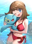 absurd_res ambiguous_gender big_breasts bikini blue_body blue_eyes breasts brown_hair carrying_another cleavage clothed clothing female generation_4_pokemon gonzarez1938 hair hi_res human legendary_pokemon light_body light_skin looking_at_viewer mammal manaphy may_(pokemon) nintendo open_mouth open_smile partially_submerged pokemon pokemon_(species) rock smile solo swimwear water