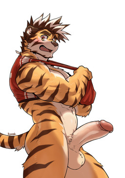 anthro balls blush bottomless butt clothed clothing foreskin fur genitals glans hair humanoid_genitalia humanoid_penis looking_at_viewer male multicolored_hair muscular muscular_male orange_arms orange_body orange_butt orange_fur orange_hands orange_legs orange_tail partially_clothed penis red_clothing red_topwear retracted_foreskin solo tail teeth tongue topwear two_tone_hair kumak71395 matheson_walker felid mammal pantherine tiger 2023 hi_res