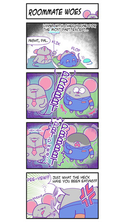 accessory anthro bed biped chibi clothed clothing dialogue duo eyes_closed fart furniture grey_body lying necktie pink_nose rodent_tail scared sleeping tail text unknown_artist mousebusters odencat mammal mouse murid murine rodent 2026 comic english_text hi_res official_art