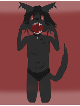 anthro black_body black_fur black_hair clothing fur hair kneeling male marker markings open_mouth panties solo underwear young young_anthro young_male legoshixdxd mythology arctic_burn canid canid_demon canine canis demon hellhound mammal mythological_canine mythological_creature wolf 3:4 absurd_res hi_res letterbox