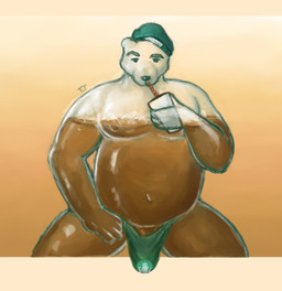 anthro barazoku beanie belly beverage big_belly bulge clothing coffee coffee_cup container cup drinking drinking_straw genitals glass hat headgear headwear ice male navel overweight overweight_male pecs penis penis_base simple_background sitting solo thick_thighs translucent translucent_body reino_fellow starbucks bear mammal hi_res