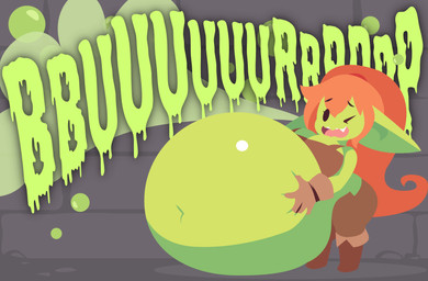 anthro belly big_belly breasts brown_clothing burping clothing female gloves green_body hair hand_on_belly handwear holding_belly huge_belly inside orange_hair overweight overweight_anthro overweight_female solo text smuggoblin goblin humanoid imp 2025 hi_res